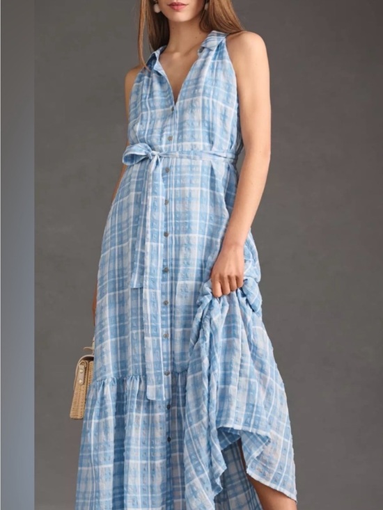 Anthropologie Dresses & Skirts - Anthropologie Light Blue Plaid Sleeveless Button-Front Maxi Dress size XL
